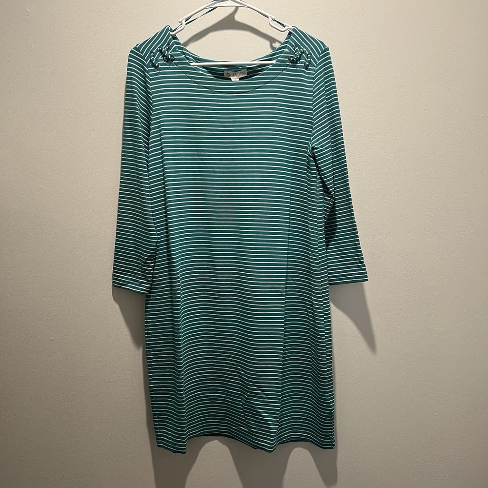 Lila Rose‎ Women's dress Teal Blue And White Striped Size L Long Sleeve